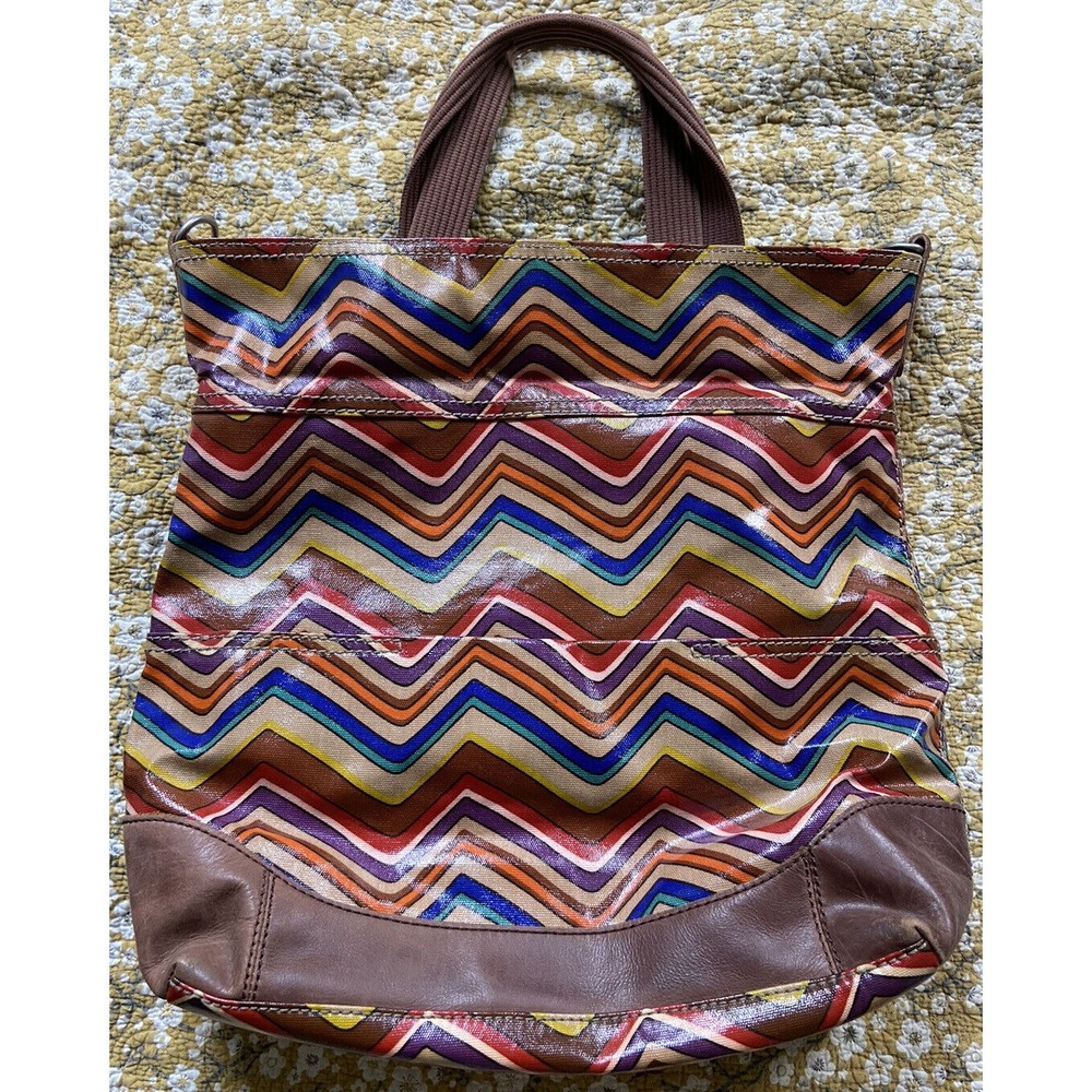 Fossil Key-Per Magnetic Closure Chevron‎ Striped Costed Canvas Tote Bag Purse